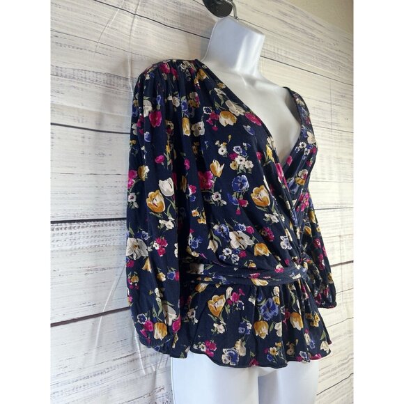 Lauren Ralph Lauren Black Label Peplum Frill Blouse Sz L Blue Floral - Picture 2 of 10